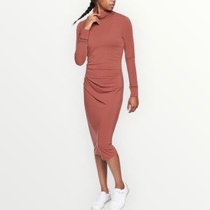 Athleta Industry Turtleneck Midi Dress Havana Brown Mesh Merino Wool Ruched